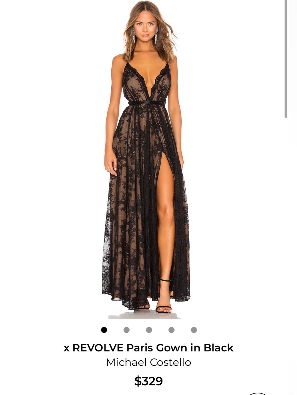 Michael Costello Black Sheer Lace Plunge Gown with High Slit